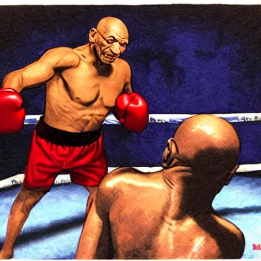 Prompt: Mahatma Gandhi boxing Mike Tyson in a boxing ring, highly detailed