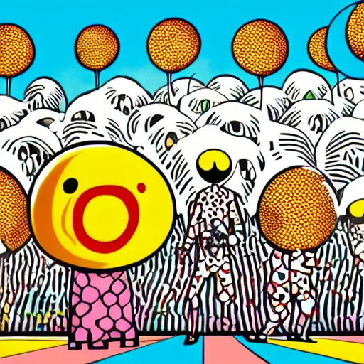 Image similar to daft, ridiculous, joyous, yayoi kusama being chased by a giant ballon dog, nendroid, during golden hour. extremely silly in style of butcher billy.