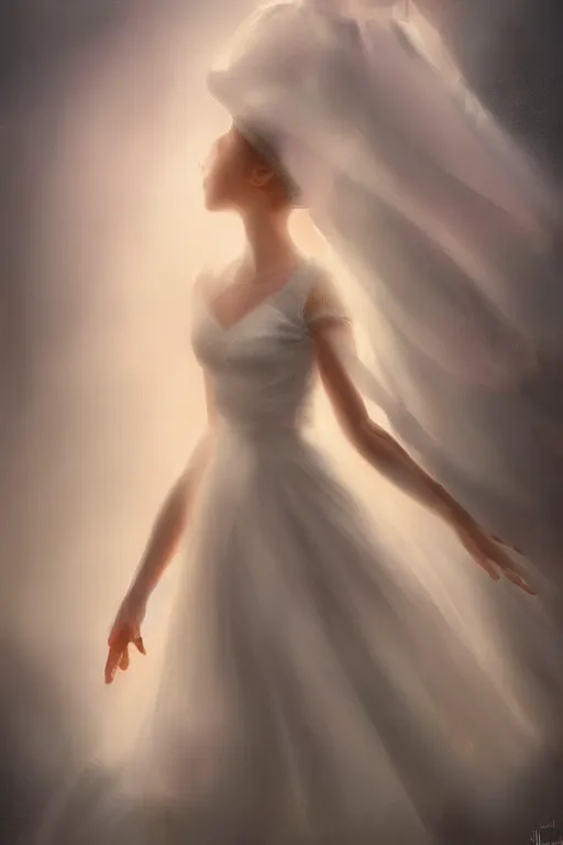 Image similar to little girl dancing in the wind, beautiful face, ethereal, bride, beautiful wedding dress, gorgeous, volumetric lighting, elegant, fluid, very highly detailed, digital painting, concept art, illustration, limited color palette, atmosphere and tension, trending on artstation