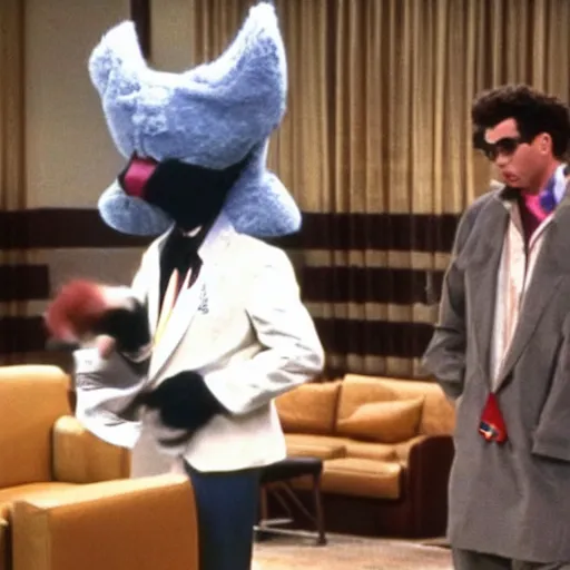 Image similar to That episode of Seinfeld where Kramer accidently ends up at a furry convention and stumbles into the headless lounge right into a very surprised George Costanza, making him drop his fursuit head.