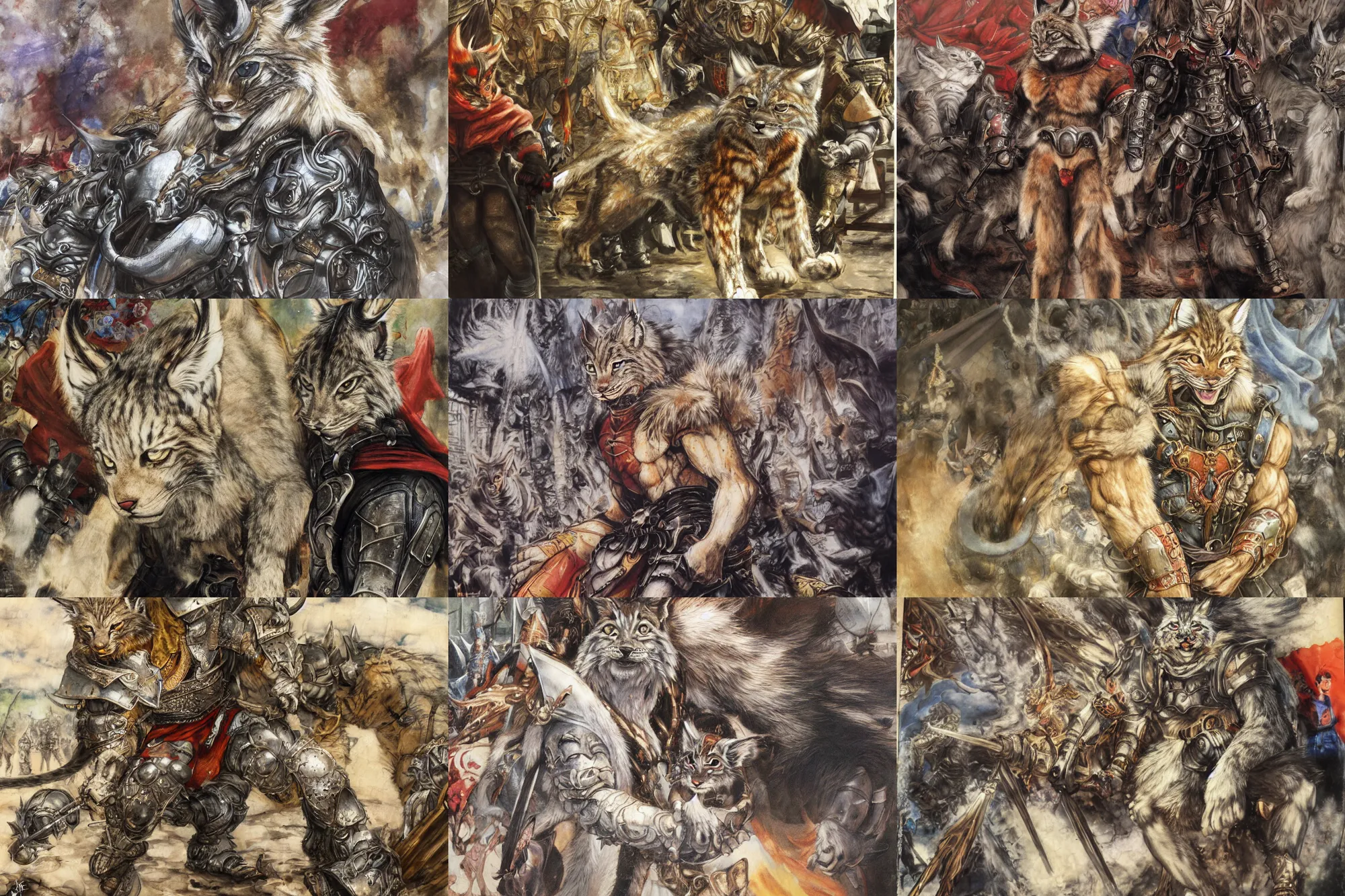 Image similar to 8k Yoshitaka Amano painting of upper body of a young cool looking lynx beast-man with white mane at a medieval market at windy day. Depth of field. He is wearing complex fantasy armors. He has huge paws. Renaissance style lighting.