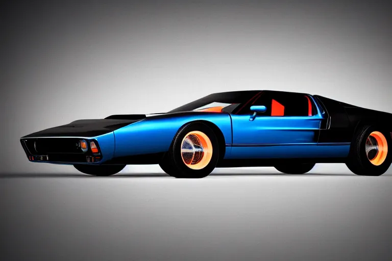 Image similar to designed by john delorean stylized poser of a single 1 9 6 9 fastback mustang!!! mk 2 ford gt 4 0! ( delorean ), large led lights, ektachrome photograph, volumetric lighting, f 8 aperture, cinematic eastman 5 3 8 4 film