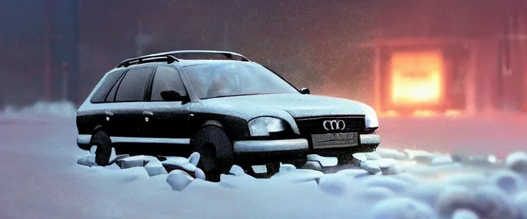 Image similar to Audi A4 B6 Avant (2002), a gritty neo-noir, dramatic lighting, cinematic, eerie person, death, homicide, homicide in the snow, viscera splattered, gunshots, bullet holes, establishing shot, extremely high detail, photorealistic, cinematic lighting, artstation, by simon stalenhag, Max Payne (PC) (2001) winter New York at night, In the style of Max Payne 1 graphic novel, flashing lights, Poets of the Fall - Late Goodbye