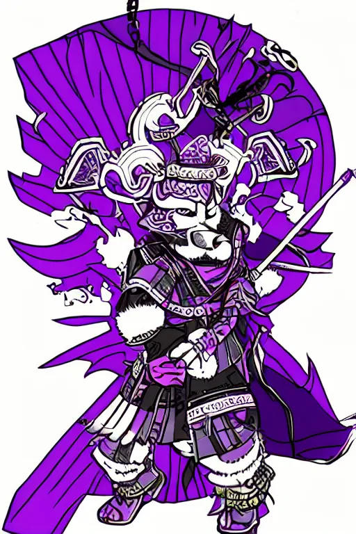 Image similar to purple samurai raccon in the style ofukiyo-e