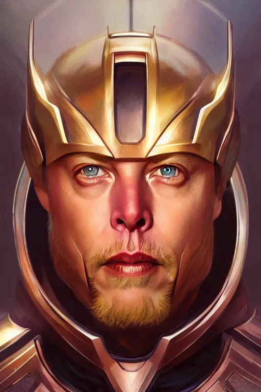 Image similar to elon musk as thor, realistic portrait, symmetrical, highly detailed, digital painting, artstation, concept art, smooth, sharp focus, illustration, cinematic lighting, art by artgerm and greg rutkowski and alphonse mucha