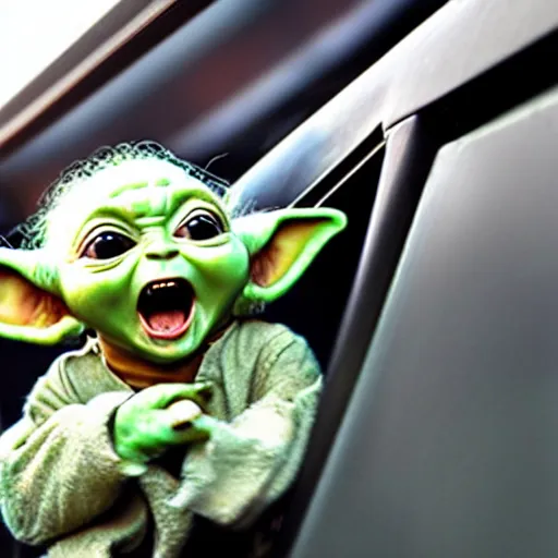 Image similar to baby yoda screaming at the mcdonalds drive thru window