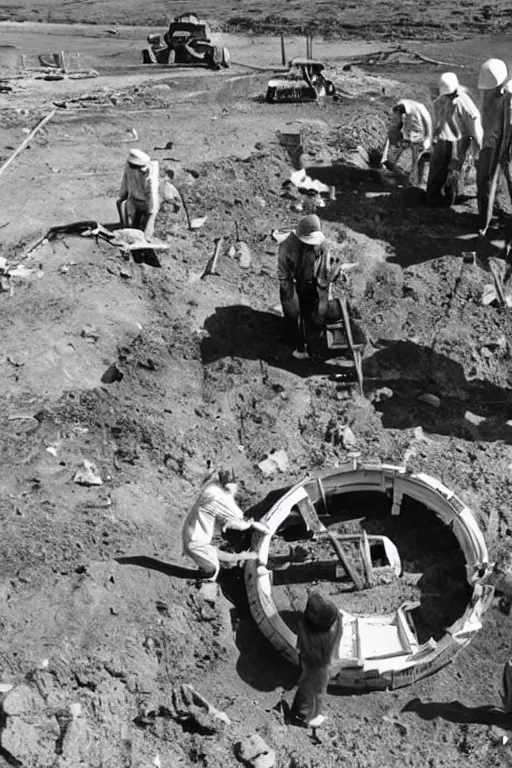 Prompt: team of archeologists digging up an ancient futuristic space craft, historical photograph from the 1940s