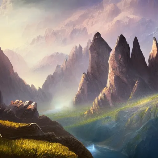 Image similar to The Sci-Fi stone landscape with mountains in the background, magical fissures split the land in half, wallpaper d&d art, fantasy, painted, 4k, high detail, sharp focus