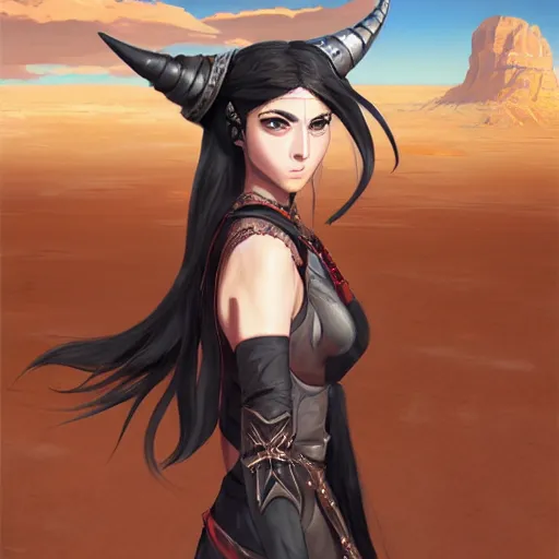 Prompt: portrait of a female berber mage, devil horns and black hair in a ponytail wearing a steel chestplate in a desert, half body, single subject, ambient lighting, highly detailed, digital painting, trending on pixiv fanbox, studio ghibli, extremely high quality artwork, art by ross tran and artgerm and makoto shinkai