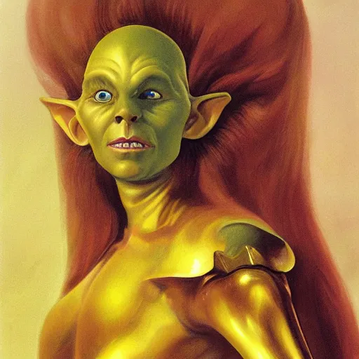 Image similar to portrait of ethereal young goblin princess in golden armour by Boris Vallejo