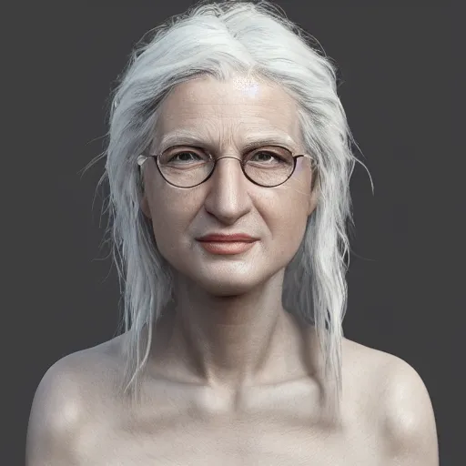 Image similar to 3 d render by annie leibovitz hyper detailed, realistic female face and shoulders, white skin made from painted porcelain, white hair, fine facial features, white eyes and eyelashes, 8 k, 1 5 0 ml lens, elegant, white background pastel blue lighting, octane render, volumetric lighting