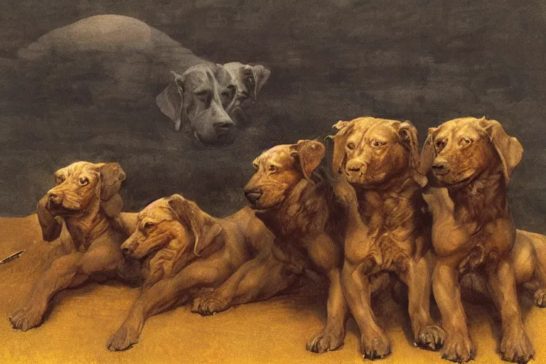 Image similar to hyperdetailed matte art of a three headed dog cerberus by william blake, ilya repin, amano, rene magritte, craig mullins, three headed dog cerberus, details