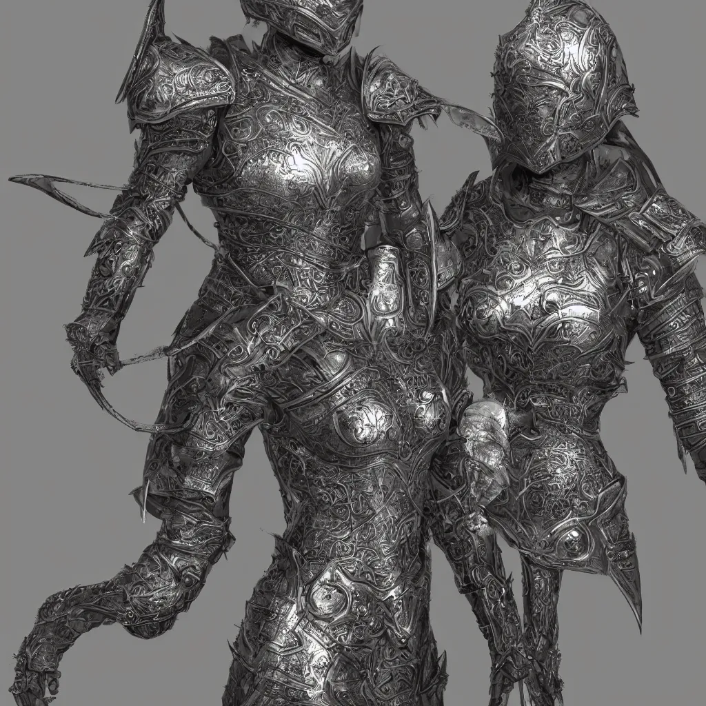 Prompt: 3 d rendered, realistic, suit of decorative female armor, filigree, lord of the rings, detailed, art station, unreal engine