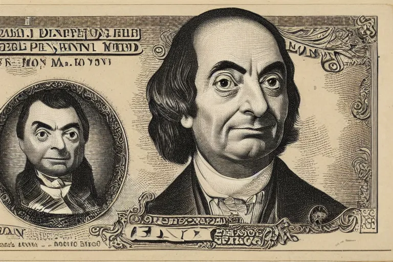 Image similar to An engraved portrait of Mr. Bean , detailed!!! copper-plate engraving in the style of money bills, fine!!! lines, engraved by Alfred Sealey, Bureau of Engraving and Printing