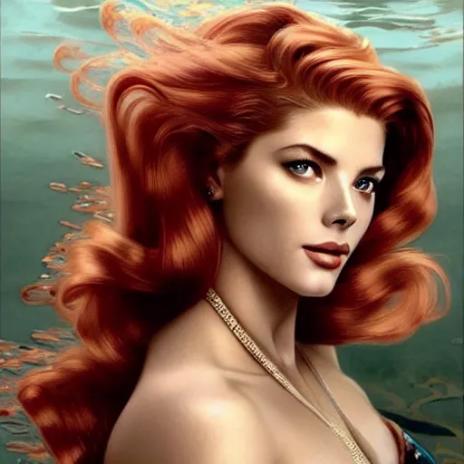 Image similar to A combination of Grace Kelly's and Katheryn Winnick's and Ashley Greene's faces with red hair as a mermaid half submerged on the beach, western, fantasy, intricate, elegant, highly detailed, digital painting, artstation, concept art, matte, sharp focus, illustration, art by Artgerm and Greg Rutkowski and Alphonse Mucha