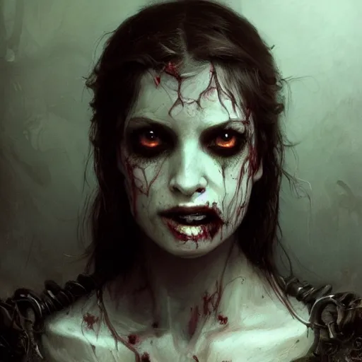 Image similar to A closeup portrait of an attractive zombie girl, fullbody, horror, intricate, moody, highly detailed, artstation, concept art, smooth, sharp focus, illustration, art by greg rutkowski and orientalism and bouguereau and Zdzislaw Beksinski, Dungeons & Dragons, good clear quality, lighting, biology, symmetrical artwork, evil, 135 mm, cinematic, hyper realism, high detail, octane render, 8k, chrome accents