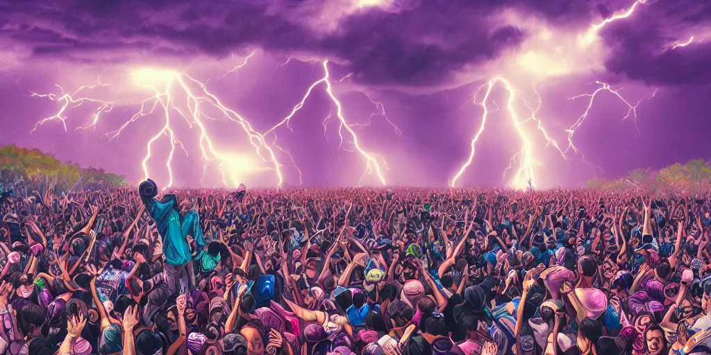 Prompt: Lightning strikes while rapper leaning over huge crowd reaching up to him, digital art, vapor wave, hip hop, surreal, trending on Artstation, professional artist, detailed, 4k