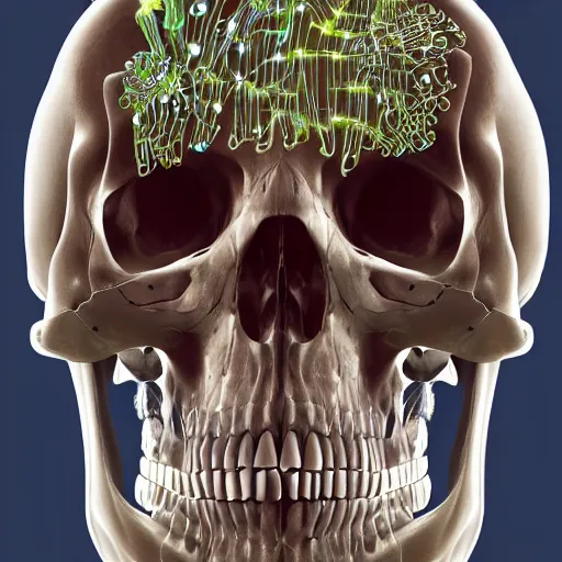 Image similar to very detailed portrait of a skeleton with crystal innards and optic fiber nerves, gears in his head and cybernetic enhancements in it's skull