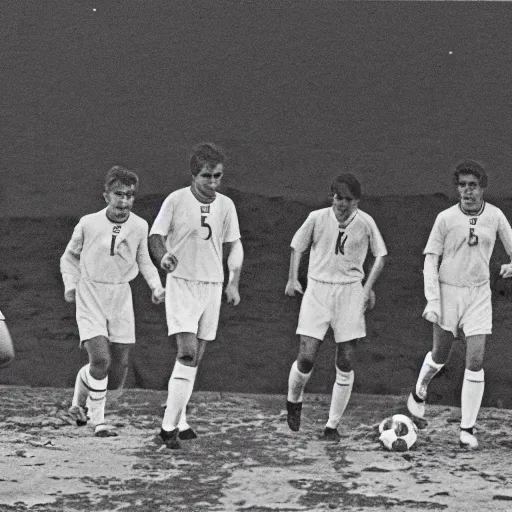 Prompt: picture of Genoa soccer players playing on the surface of the moon colored vintage