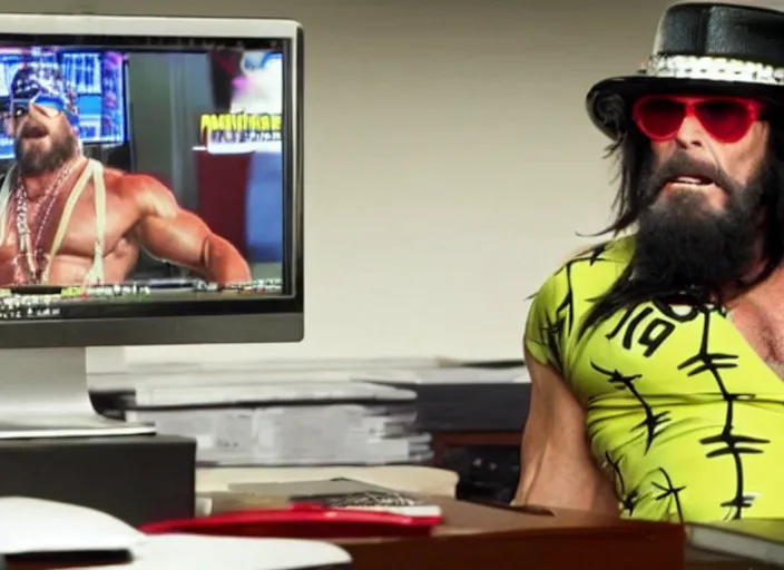 Image similar to film still of Macho Man Randy Savage on a computer in the new Wolf of Wallstreet movie, 8k