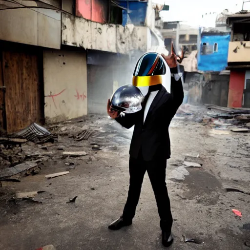 Image similar to Man in a suit holding a daft punk helmet in one hand, looking at an explosion, favela