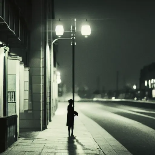 Image similar to a woman waiting for the bus at a lonely street at night, the street light is the only light on the street, lonely atmosphere, empty city, in the style of Edward Hopper, 4k,