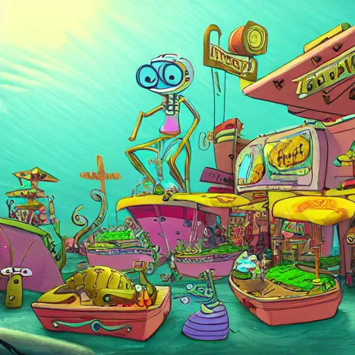 Image similar to bikini bottom drawn by stephen hillenburg, dynamic lighting, fantasy concept art, trending on art station, stunning visuals, creative, cinematic, ultra detailed