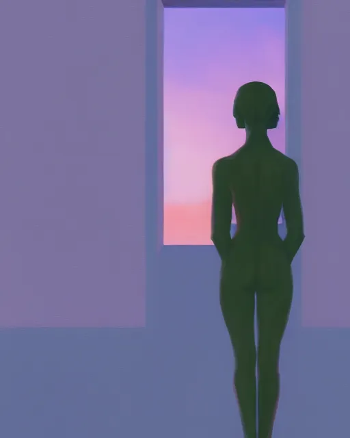 Image similar to a painting of a woman standing in front of a statue, a screenshot by stanley twardowicz, cgsociety, aestheticism, aesthetic, vaporwave, anime aesthetic