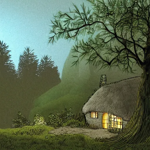 Prompt: Illustration of a cottage in the woods by Chris O'Neill