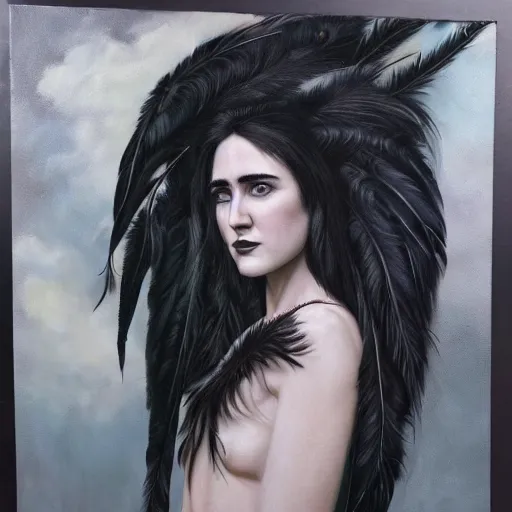 Image similar to detailed realistic oil painting youthful young jennifer connelly with black feathers instead of hair, dark fae, black lips, feathers growing out of skin, feathers growing from arms, black hands with long black claws, pale and sickly, profile view, gothic