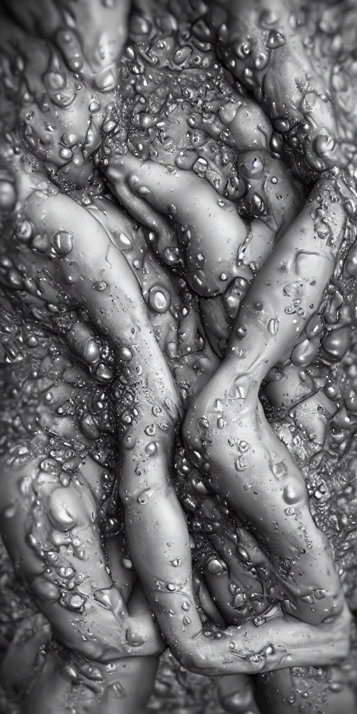 Image similar to closeup of beautiful human bodies intertwined, bodies blooming, 3 d fractals, mandelbulb, dripping wet, skin, macro photography, anamorphic bokeh, long exposure, highly detailed, hyperrealism, cinematic