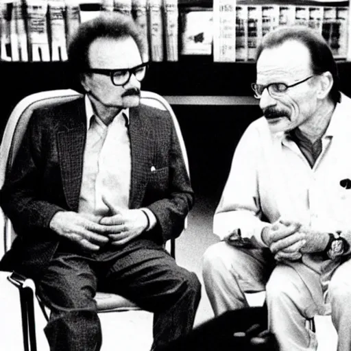 Prompt: Walter White being interviewed by Larry King. 1983.