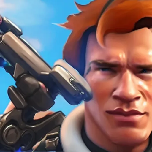 Image similar to a screenshot of arnold schwarzenegger as tracer in overwatch