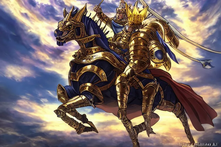 Image similar to an ultra detailed portrait of king richard the lionhearted as a paladin shonen anime protagonist charging into battle wearing bright gold armor and riding a horse blessed by god, epic anime fantasy, 8 k, volumetric lighting, smooth, highly detailed, digital illustration, art by kentaro miura and akira toriyama and artgerm