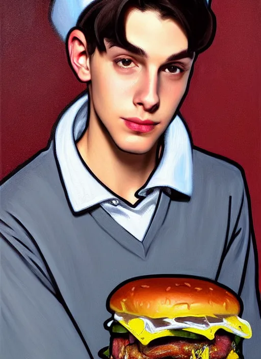 Image similar to oil painting, teenage jughead jones, wears a light grey crown, and devours a hamburger, intricate, elegant, highly detailed, pinocchio nose, lighting, painting, artstation, smooth, illustration, art by greg rutowski and alphonse mucha