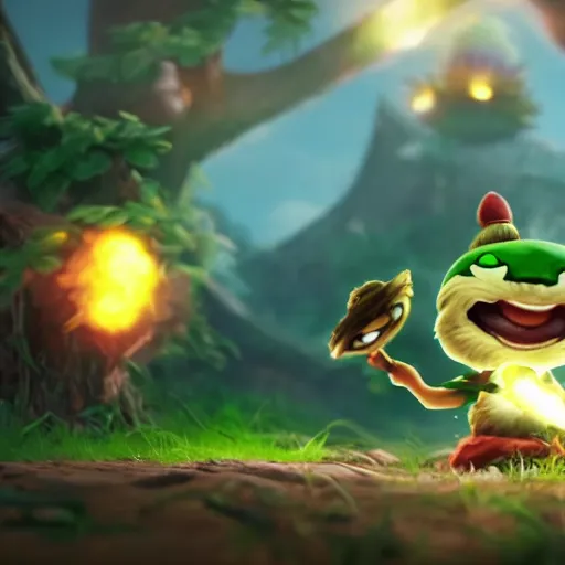 Image similar to teemo from league of legends blowing up magic mushrooms, cinematic cutscene render