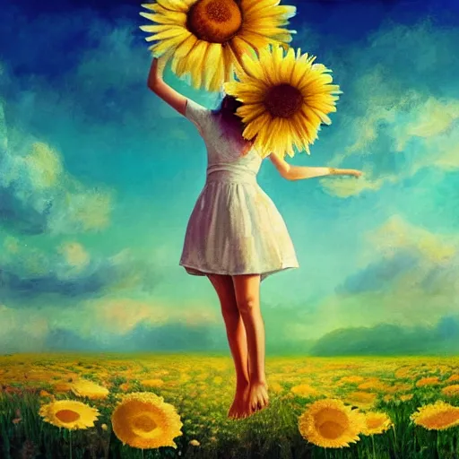 Prompt: head made of giant daisies, girl standing barefoot in a vast flower field, arms down, surreal photography, sunrise dramatic light, impressionist painting, colorful clouds, large sky, digital painting, artstation, simon stalenhag, flower face