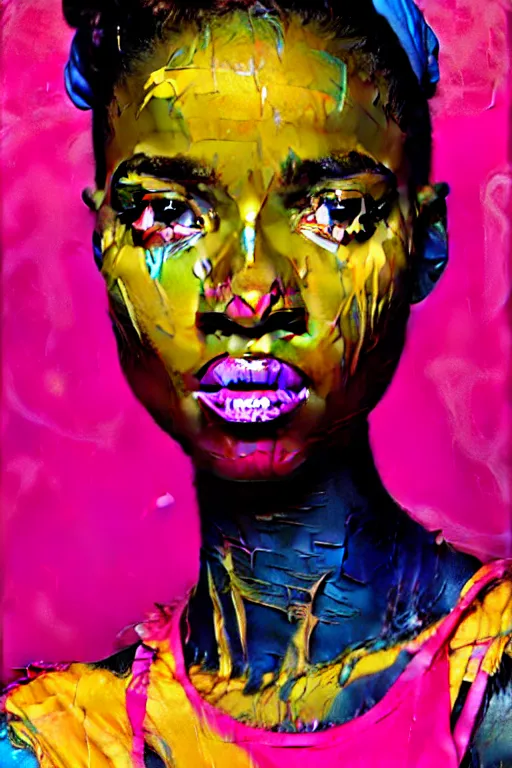 Image similar to portrait of a stylized african young lady, painted in acrylic, pigment textures, wet paint, in the colors hot pink and cyan, beautiful realistic face, rule of thirds, spotlight, by greg rutkowski, by jeremy mann, by francoise nielly, by van gogh, by ross tran, in focus