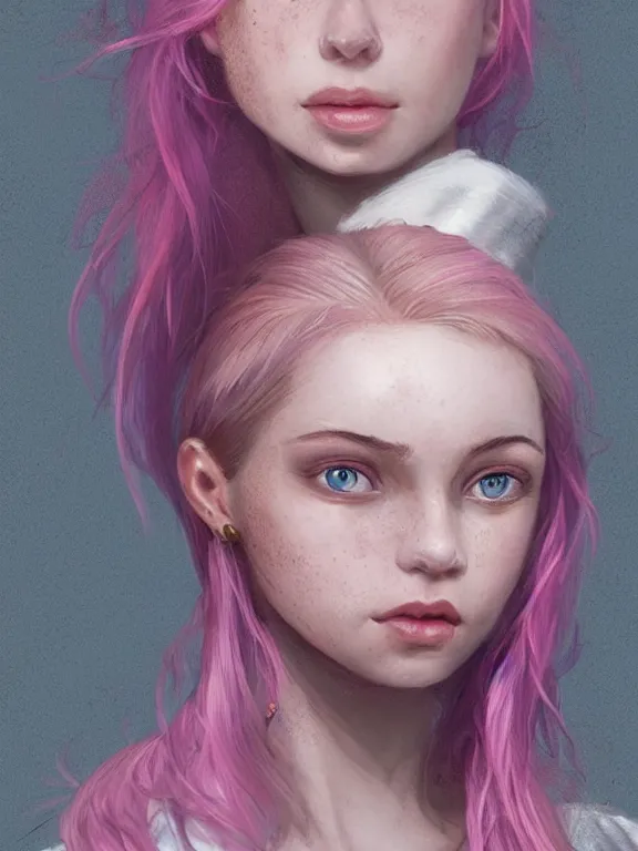 Image similar to beautiful russian girl with cute freckles and short faintly colored in pink hair and septum piercing, thin round earrings, winds of winter, au naturel, hyper detailed, digital art, trending in artstation, cinematic lighting, studio quality, smooth render, octane rendered, concept art, sharp focus, illustration, art by artgerm and greg rutkowski and wlop