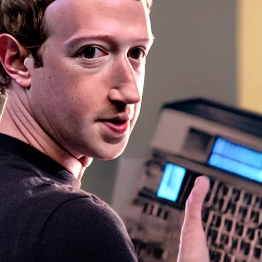 Prompt: mark zuckerberg dancing with a tandy trs - 8 0 computer. cinematic 8 k, depth of field, bokeh.