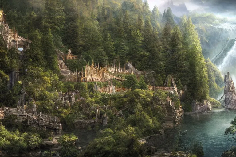 Image similar to rivendell from lord of the rings matte painting by yanick dusseault and dylan cole, artstation, 4 k, insanely detailed,