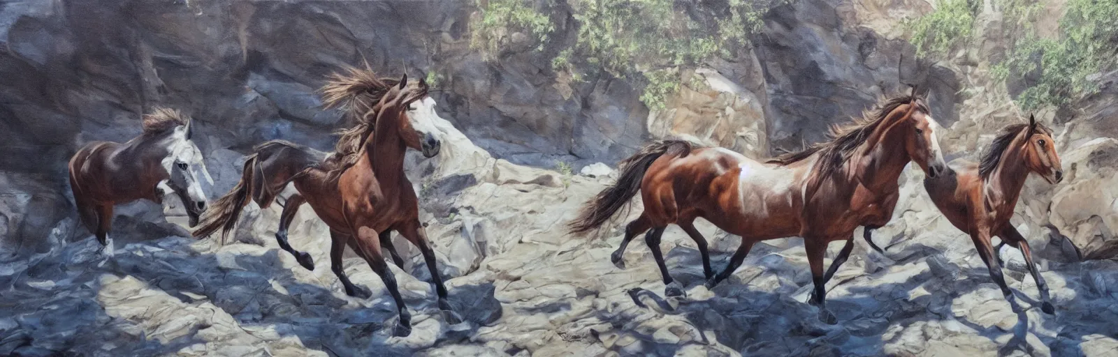 Image similar to lots of horses running through the canyon, hyper realistic, more details, they might be crawling, original oil on canvas painting by sydney mount