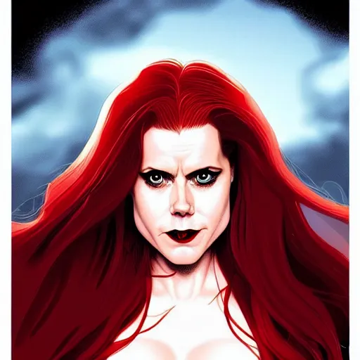 Prompt: vampire : : rafeal albuquerque comic art, artgerm : : gorgeous amy adams : : sharp teeth, open mouth sneer : : symmetrical face, symmetrical eyes : : gorgeous red hair : : magic lighting, low spacial lighting : :