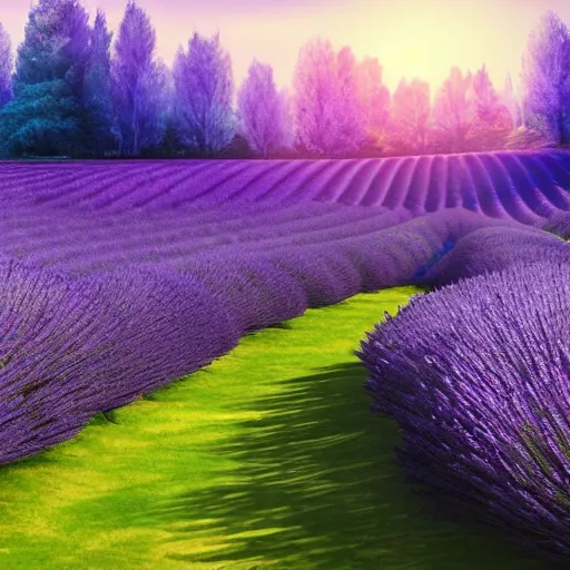 Prompt: ”Epic landscape, purple fields of lavender with a dark forest in the background, in the middle is a blue lake and blue river, bright summer day. Trending on art station, concept art”