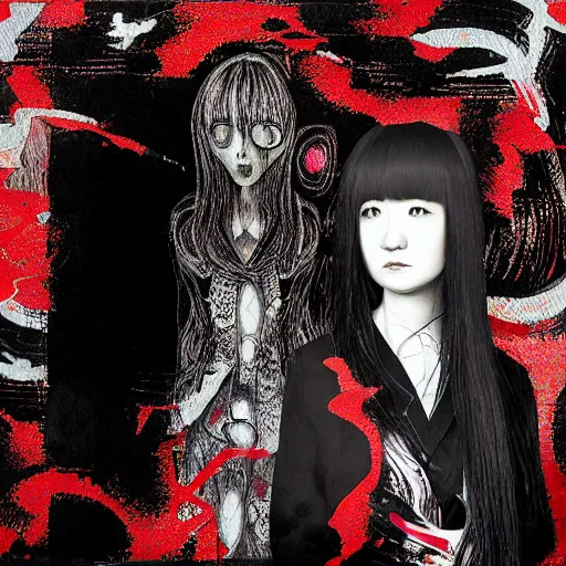 Image similar to yoshitaka amano realistic photo of a young woman with black eyes and long wavy white hair wearing dress suit with tie and surrounded by abstract junji ito style patterns in the background, blurry and dreamy illustration, david lynch, twin peaks, noisy film grain effect, highly detailed, weird portrait angle