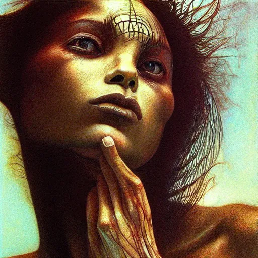 Image similar to sade by zdzisław beksinski, iris van herpen, artgerm, raymond swanland and alphonse mucha. highly detailed, hyper - real, beautiful