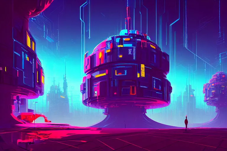 Prompt: a cybernetic cathedral overlooking an higway of data, cyberpunk, beautiful detailed, cinematic, strong lighting, hi - fructose art magazine, by anton fadeev and paul lehr and david heskin and josan gonzalez, 8 k