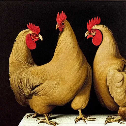 Image similar to Three Chickens holding placards with text of 'Stop eating us!' behind wire netting. Painted by Caravaggio, high detail