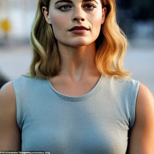 Image similar to a woman who is a genetic combination of margot robbie and emma watson face and upper - body focus