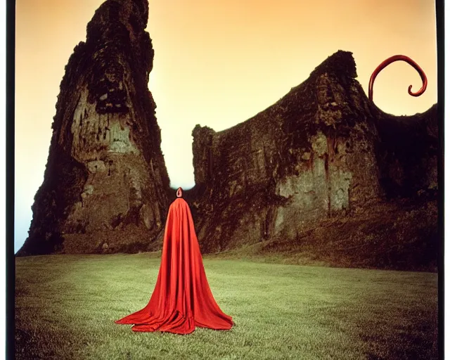 Image similar to by bruce davidson, by andrew boog faithfull redscale photography evocative. a beautiful kinetic sculpture of a horned, red - eyed, skeleton - like creature, with a long black cape, & a staff with a snake wrapped around it, standing in front of a castle atop a cliff.